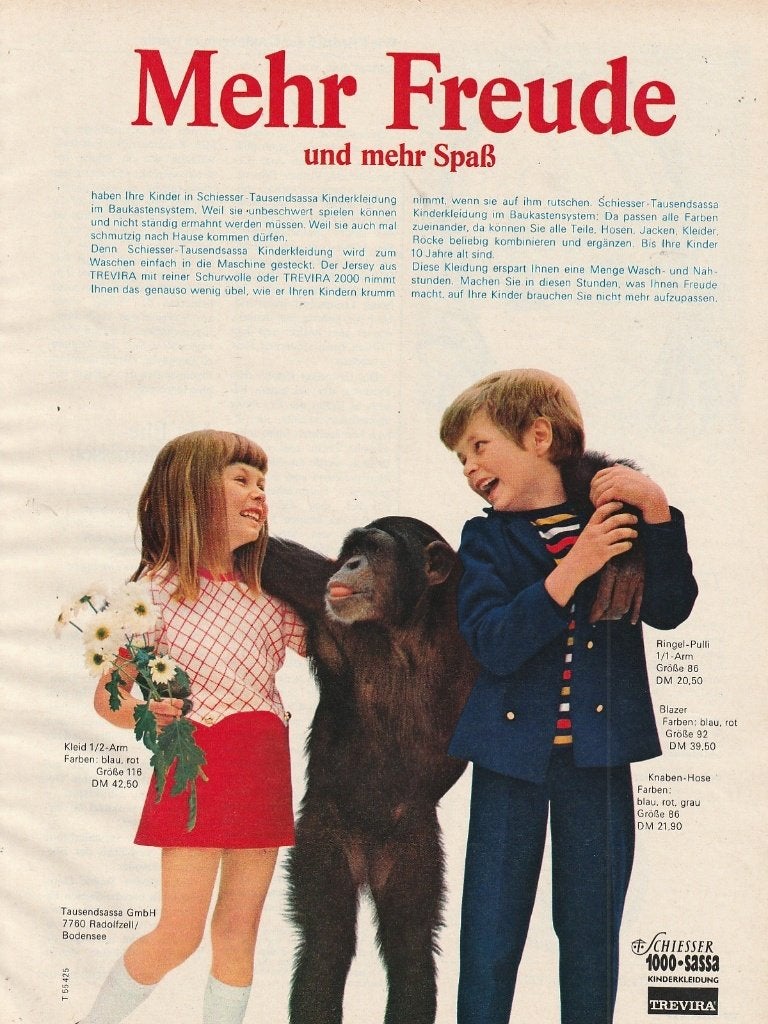 Retro reclame 1969 Schiesser kindermode jongetje meisje aap, Verzamelen, Verzenden, Overige typen