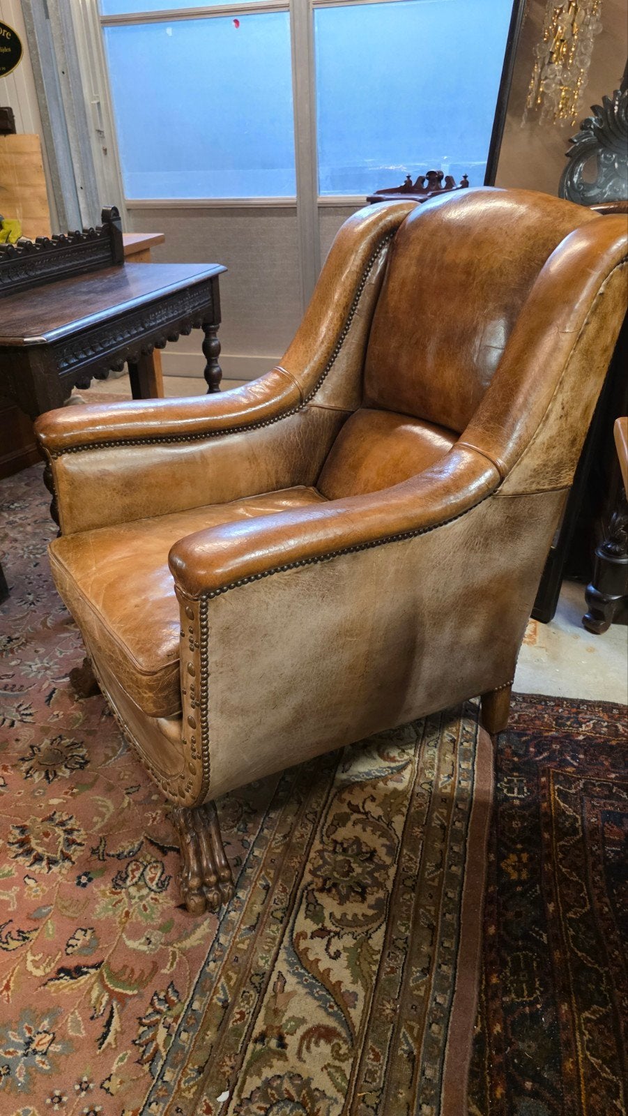 unieke antieke Engelse schapenlederen fauteuil, Ophalen