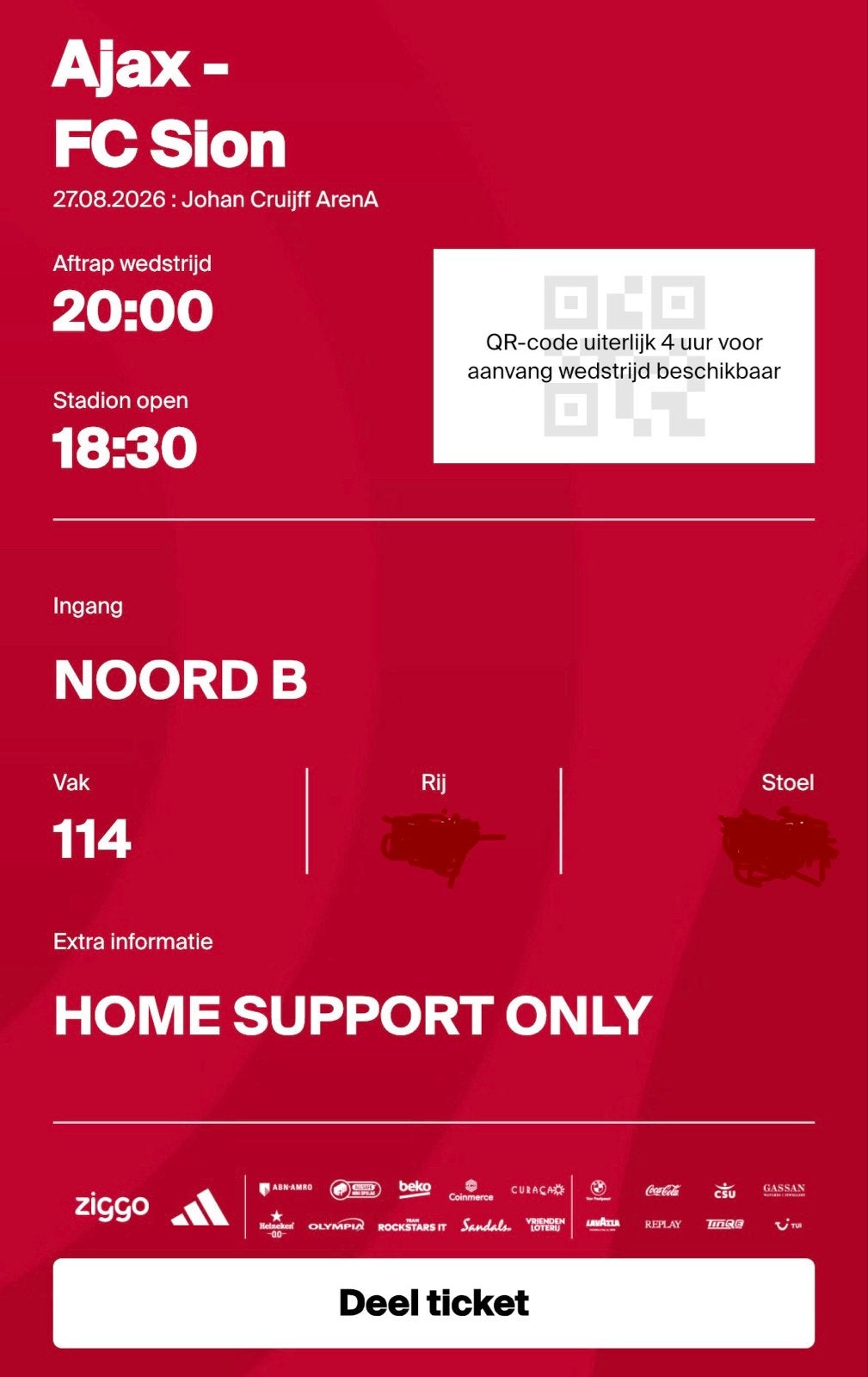 6 tickets Ajax-FC Sion in vak 114, Losse kaart, Drie personen of meer, Augustus