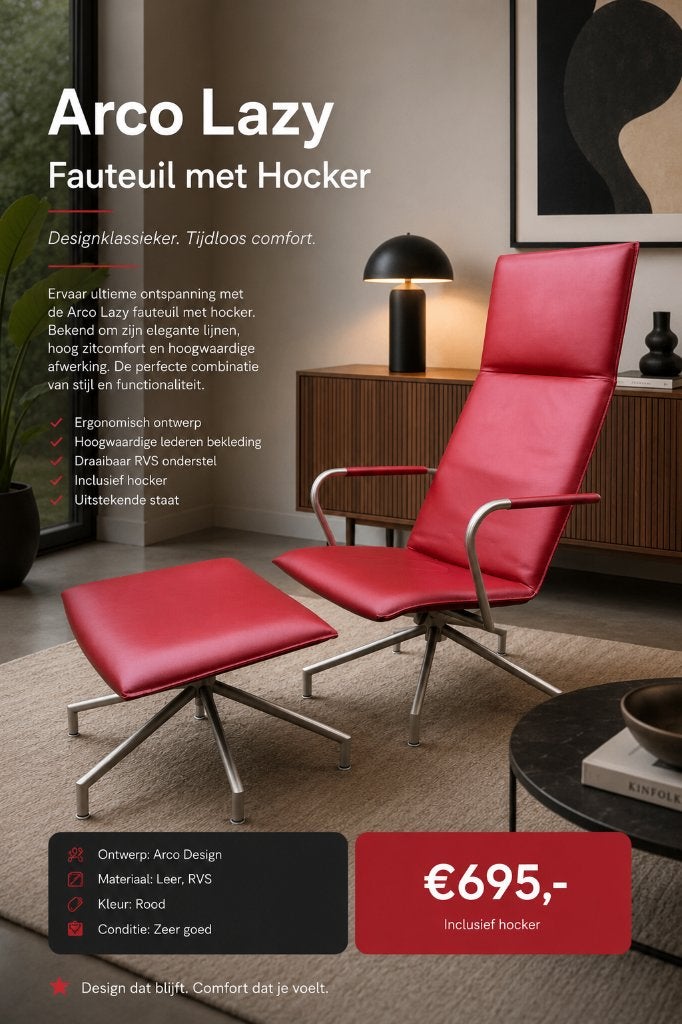 Arco Lay Down Lazy fauteuil met hocker/voetenbank, Ophalen, 75 tot 100 cm, Zo goed als nieuw, Leer