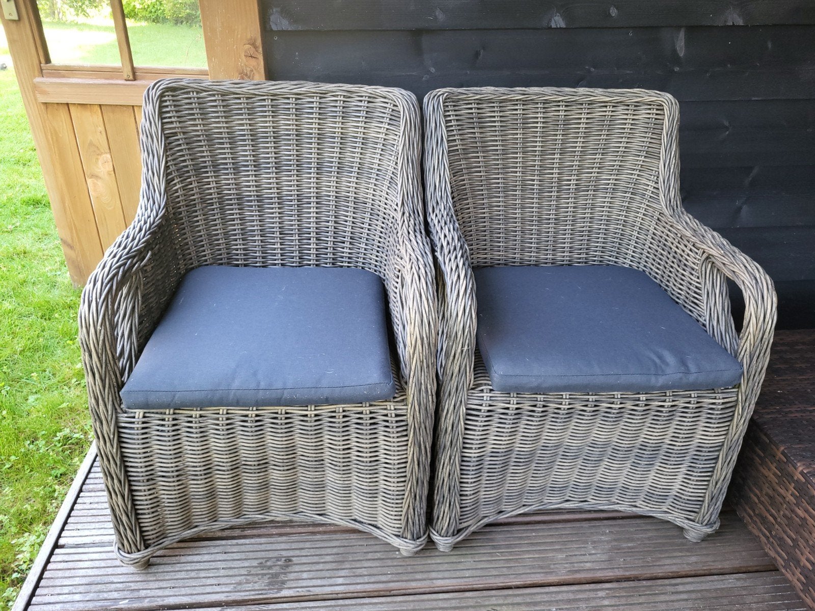 4 Wicker Terrasstoelen met Kussens, Tuin en Terras, Ophalen of Verzenden, Gebruikt, Wicker