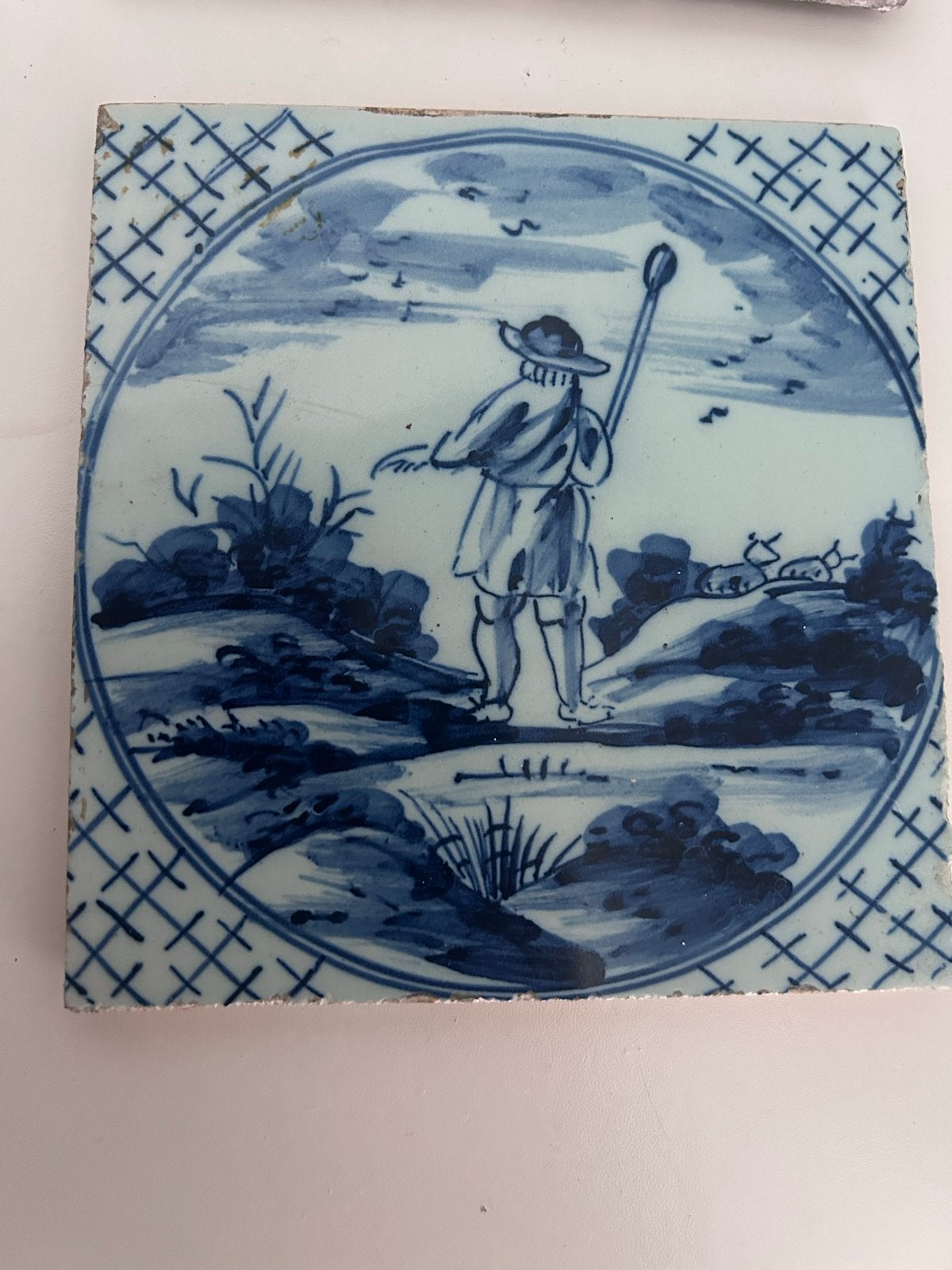 Antiek Delfts Blauw Tegeltje met Herder en Schapen, Ophalen