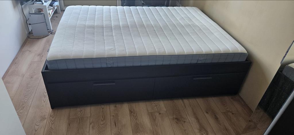 IKEA Brimnes bed 140x200 met lades en matras, Ophalen, Gebruikt, Zwart, Tweepersoons