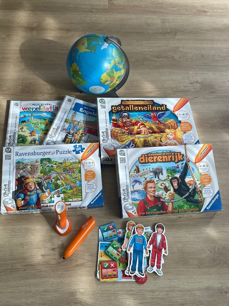 Tiptoi set - o.a. 2 boeken, 3 spellen, wereldbol en incl pen, Ophalen, Gebruikt, Met geluid