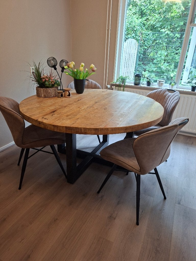 Mango houten tafel, Ophalen, Rond, Zo goed als nieuw, 100 tot 150 cm