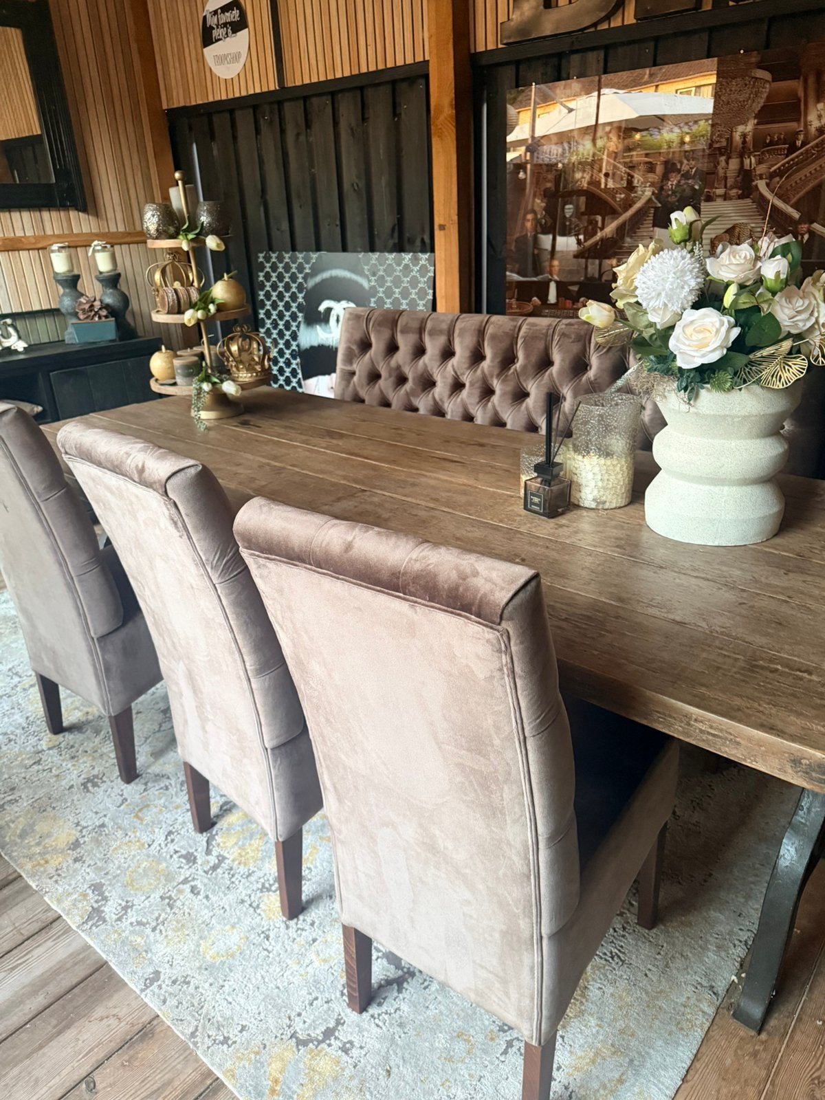 Robuuste tafel met eetbank en 3 stoelen, Huis en Inrichting, Tafels | Eettafels, Ophalen, 200 cm of meer, 50 tot 100 cm, Zo goed als nieuw