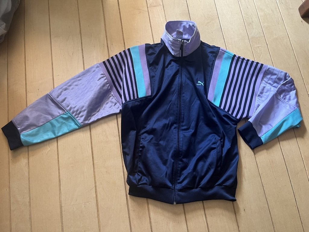 Puma trainingsjas VINTAGE L/XL blauw lila groen jaren 80/90, Overige kleuren, Verzenden, Overige typen, Gedragen
