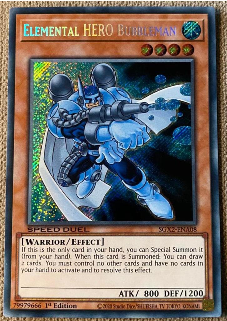 Yu-Gi-Oh! Elemental HERO Bubbleman SGX2 1st Ed Foil Bleed !, Ophalen of Verzenden, Zo goed als nieuw, Losse kaart, Foil