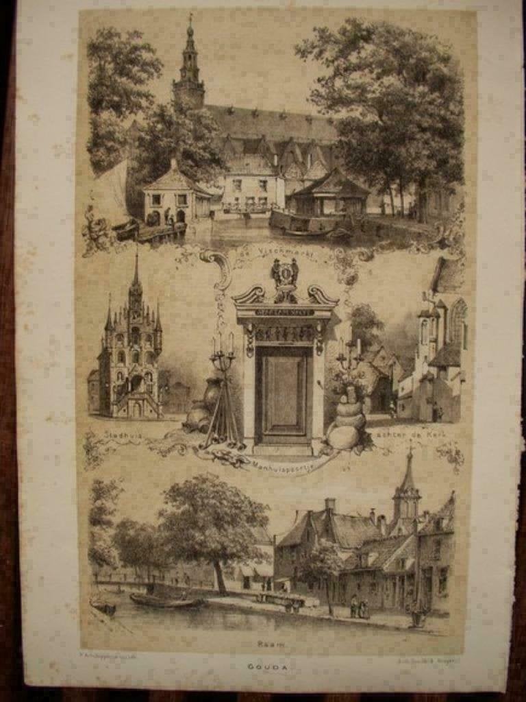 58 / Gouda / Vischmarkt / Stadhuis / litho  1876, Ophalen of Verzenden