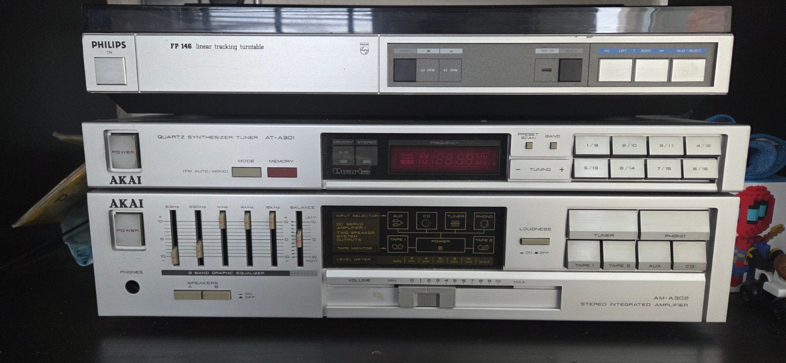 Philips FP 146 platenspeler met Akai versterker en tuner, Philips, Gebruikt, Tuner of Radio, Losse componenten