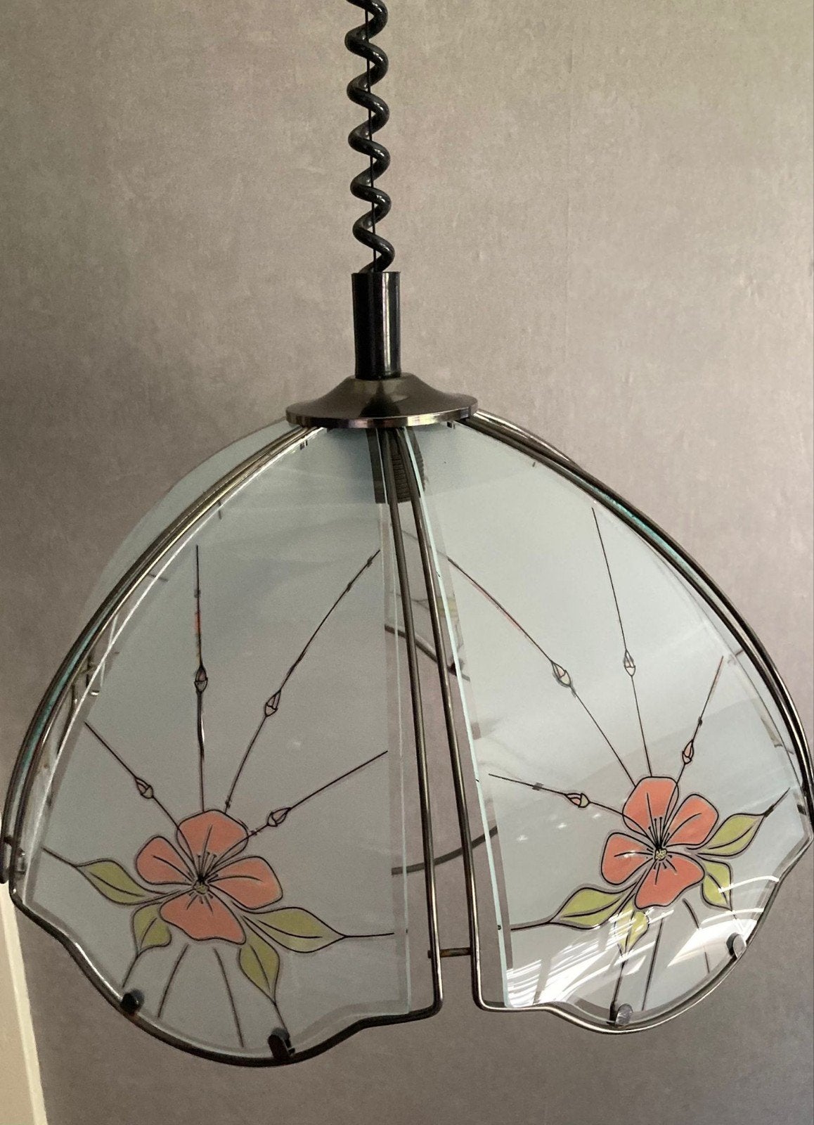 Vintage hanglamp met bloemmotief jaren 70/80, Gebruikt, Vintage, Bloemmotief, Glas, E27 (groot)