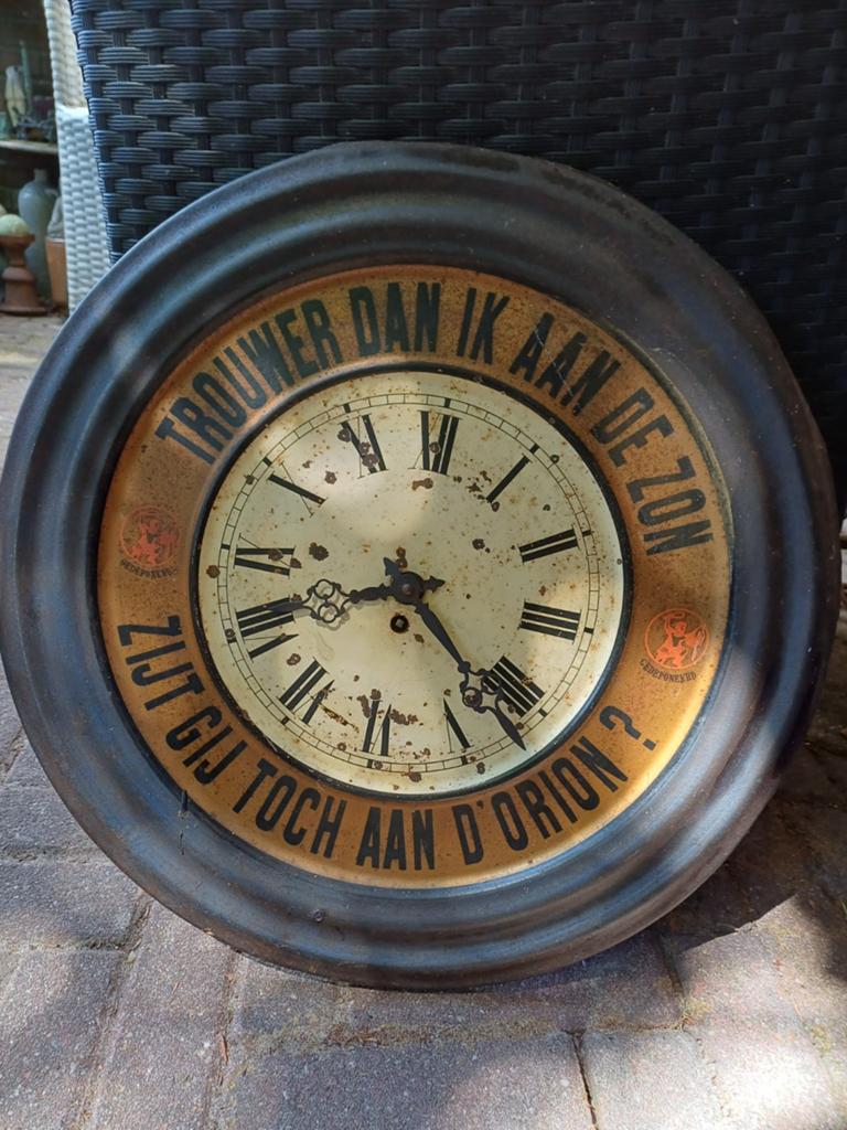Antieke blikken reclame klok - Orion motor olie, Ophalen of Verzenden