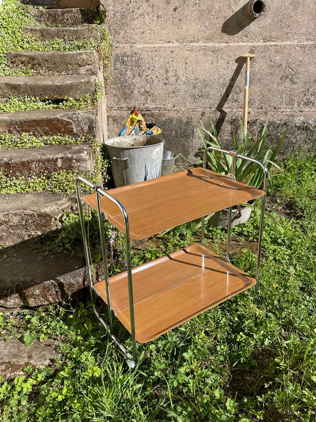 Vintage inklapbare serveerwagen / theewagen, Huis en Inrichting, Tafels | Bijzettafels, Gebruikt, 60 cm of meer, Rechthoekig, Hout