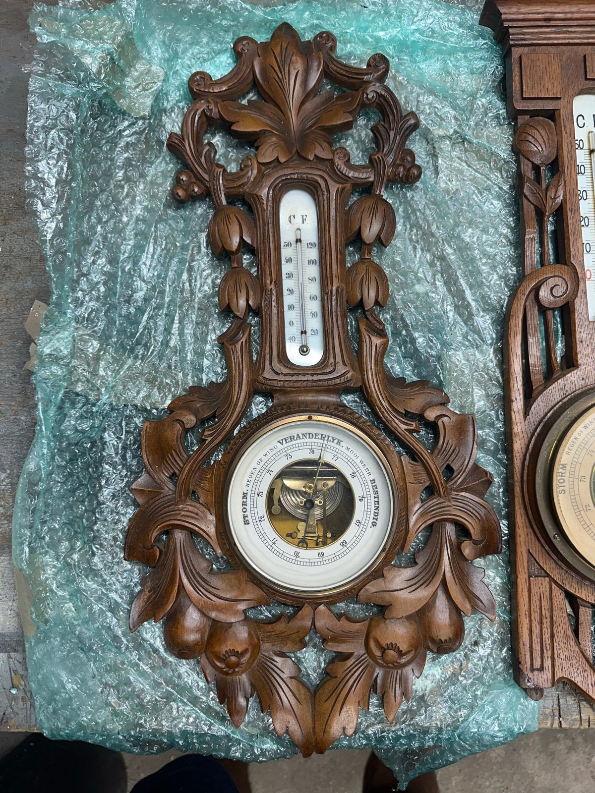 Antieke Barometer en Thermometer Set - Houtsnijwerk, Ophalen, Gebruikt, Barometer