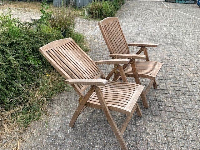 2e Hands Verstelbare Tuinstoel Teak, 2 stuks = HALVE PRIJS, Ophalen, Gebruikt, Buiten, Inklapbaar