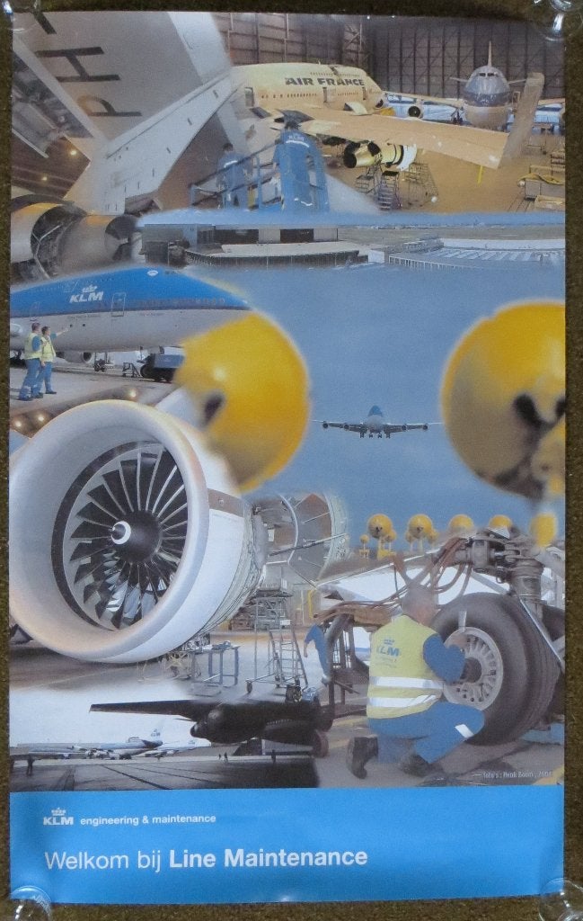 Poster KLM Line maintenance / onderhoud vliegtuigen., Ophalen, Zo goed als nieuw, Kaart, Foto of Prent