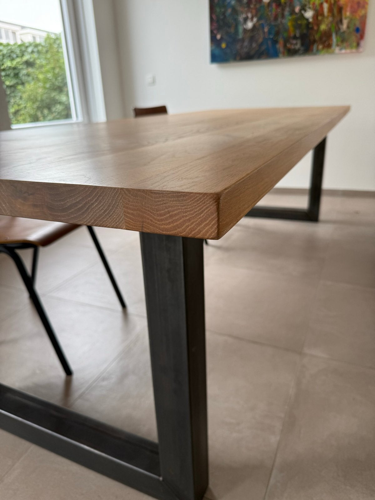 Eikenhouten eettafel met metalen onderstel (260x100x4 cm), 100 tot 150 cm, Eikenhout, 200 cm of meer, Ophalen of Verzenden