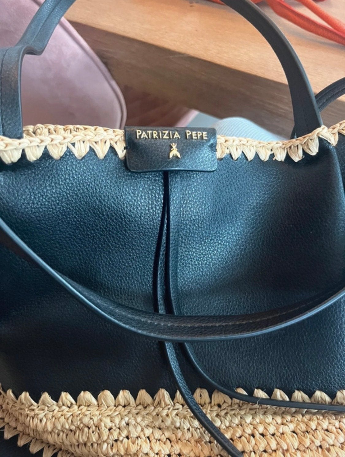 Patrizia Pepe lederen tas Zwart met Raffia Details, Ophalen of Verzenden, Zo goed als nieuw, Zwart, Shopper