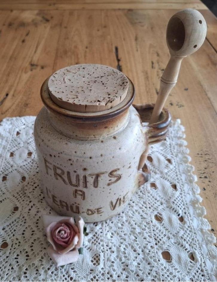 Franse gres pot Fruits a L'eau de vie met olijflepel, Antiek en Kunst, Ophalen of Verzenden