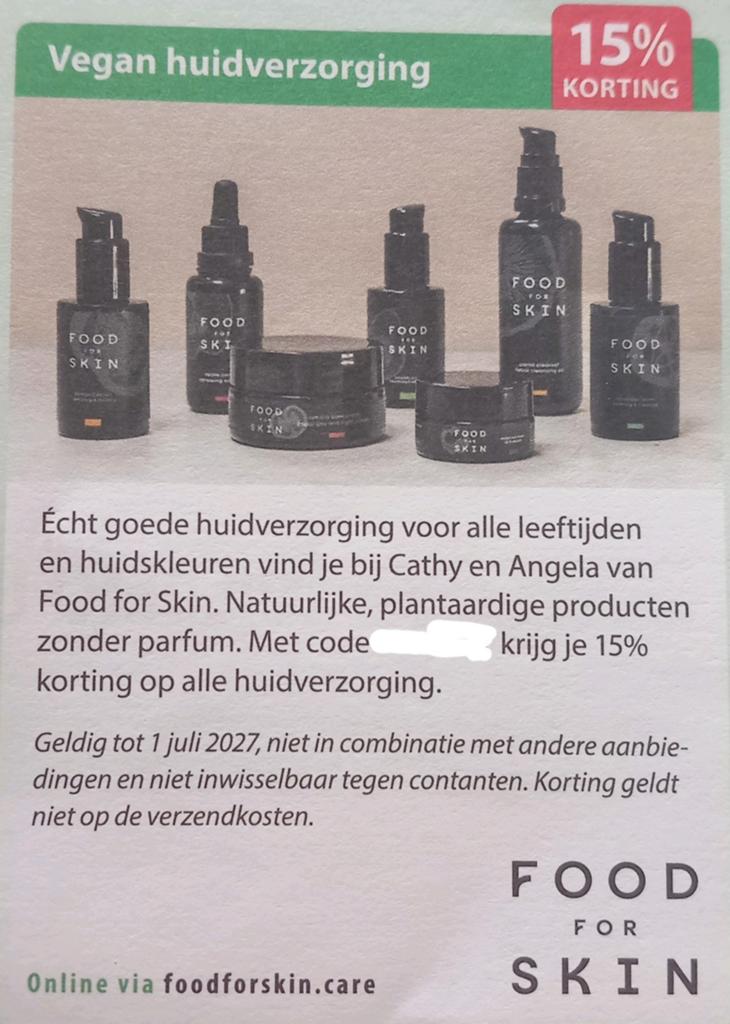 Food for skin 15% korting vegan huidverzorging, Ophalen of Verzenden, Nieuw, Gehele gezicht