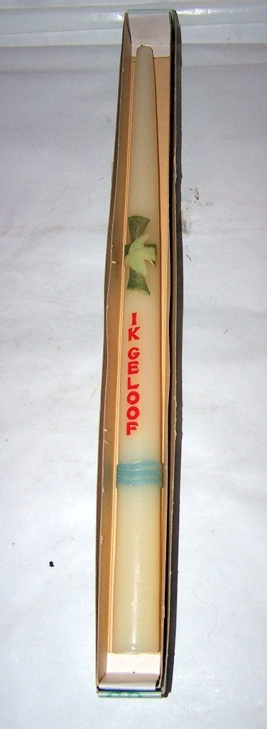 Vintage kaars "Ik Geloof" in doos. Brandduur 14 uur., Antiek en Kunst, Antiek | Religie, Ophalen of Verzenden