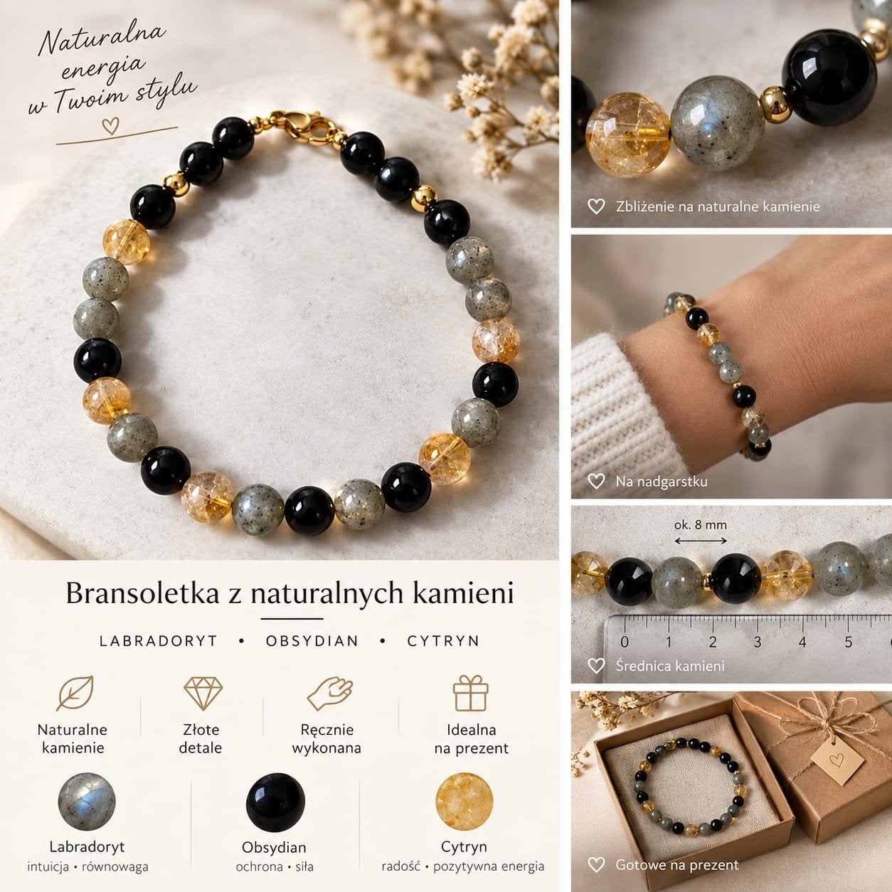 Natuurlijke Edelsteen Armband - Labradoriet, Obsidiaan, Cit, Overige materialen, Zwart, Nieuw, Ophalen of Verzenden