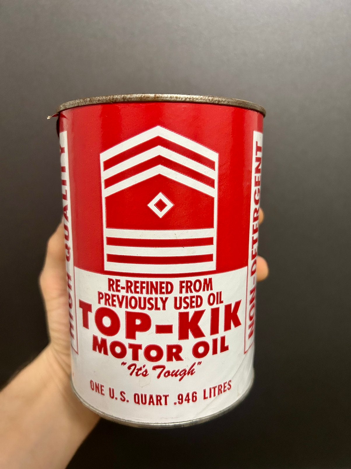 Olieblik olie blik oil can Top Kik usa quart bank mancave, Verzamelen, Ophalen of Verzenden, Zo goed als nieuw, Overige