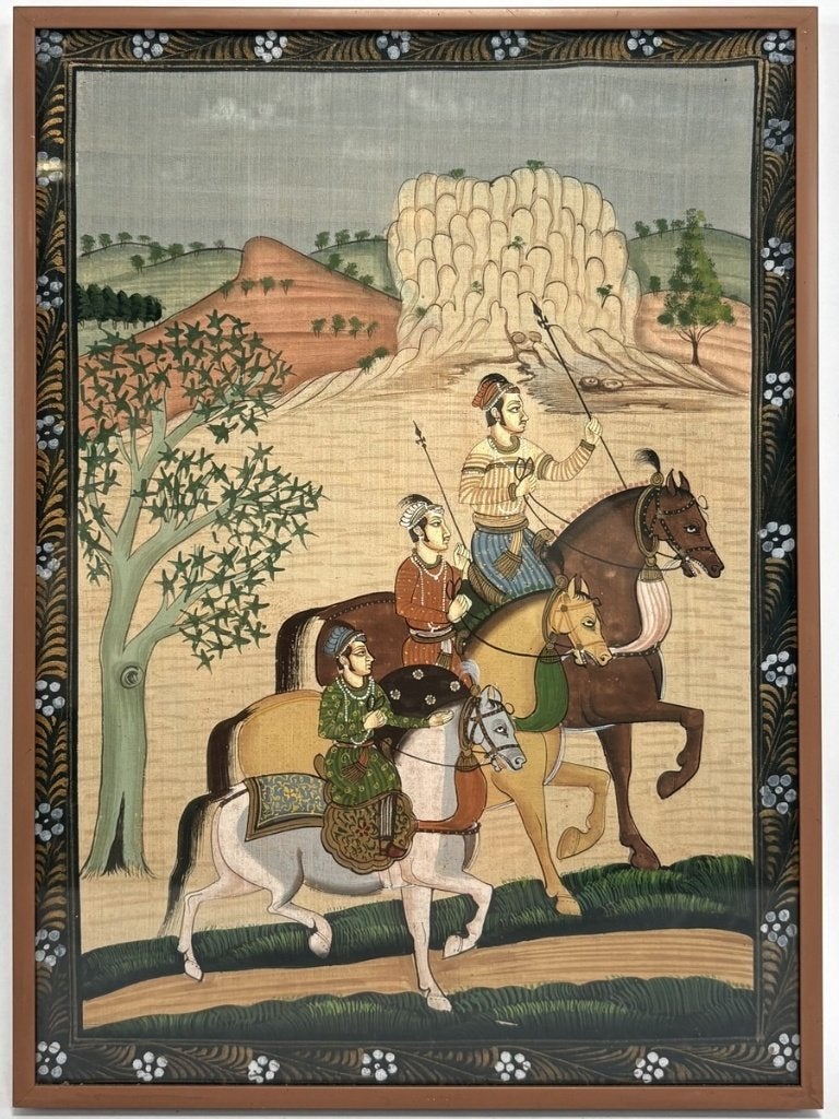 1075. Miniatuurschilderij, Indiase School – ruiter, 20e eeuw, Antiek en Kunst, India, Ingelijst, Ophalen of Verzenden, Meerkleurig