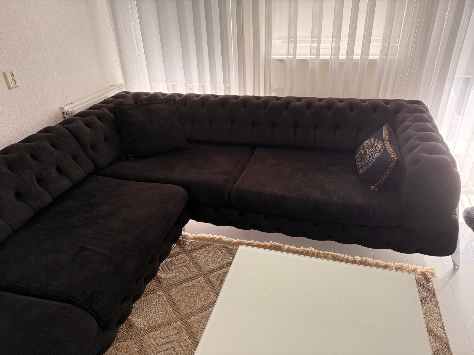 Mooie Caster-bankstel met Versace kussens - 290x230 cm, Huis en Inrichting, Ophalen, 250 tot 300 cm, 100 tot 125 cm, Hoekbank