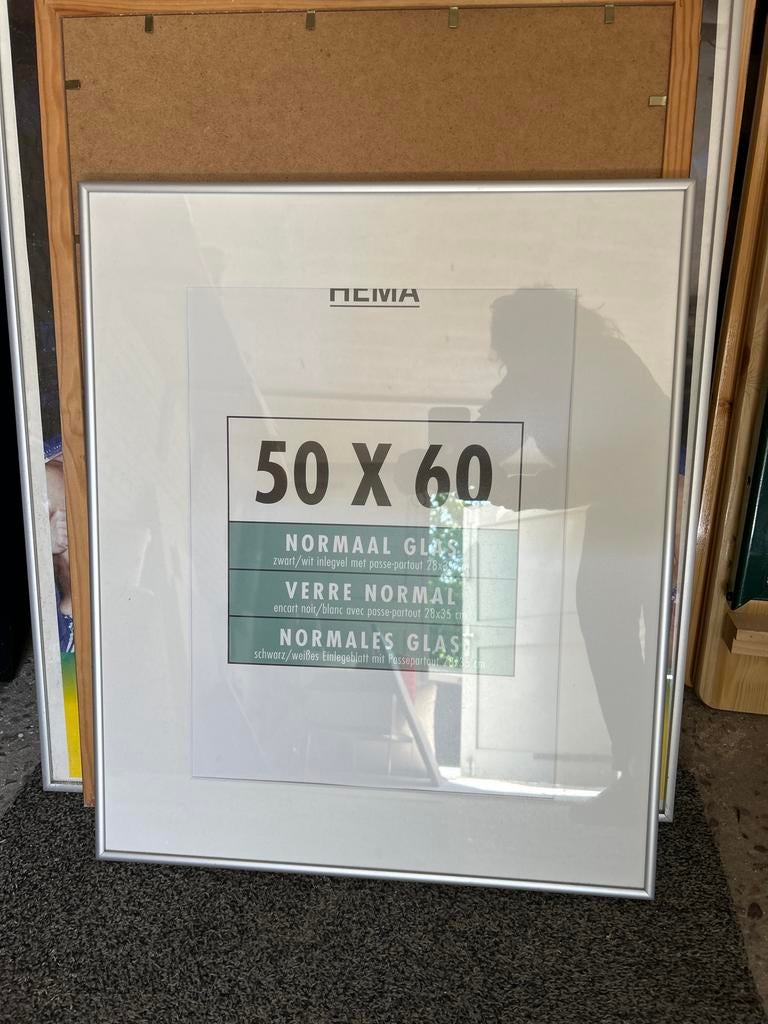 Nieuwe Fotolijst 50x60 cm - Zilverkleurig met Passe-partout, Ophalen, Zo goed als nieuw