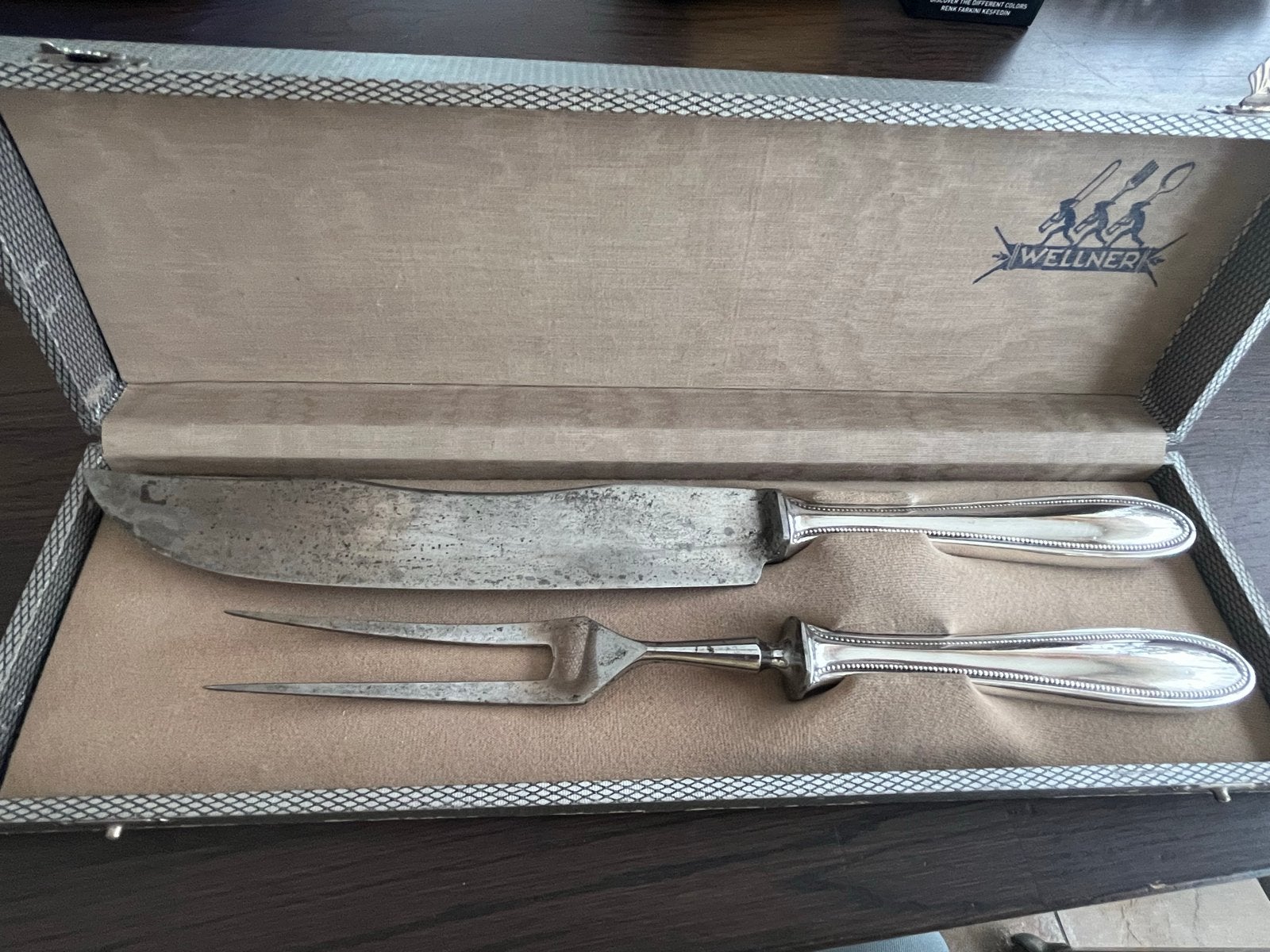Antiek Wellner vleesmes en vork set in originele doos, Ophalen of Verzenden