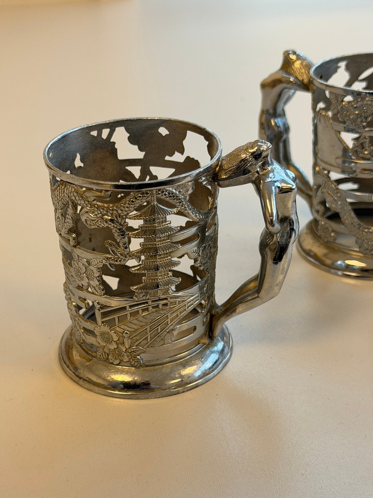 2x Vintage Japanse Verzilverde Bekerhouders Draken art-deco, Ophalen of Verzenden