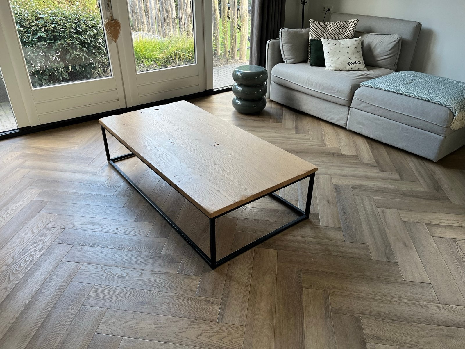 Salontafel eikenhout met metalen onderstel, Huis en Inrichting, Ophalen, 100 tot 150 cm, Eikenhout, 50 tot 100 cm