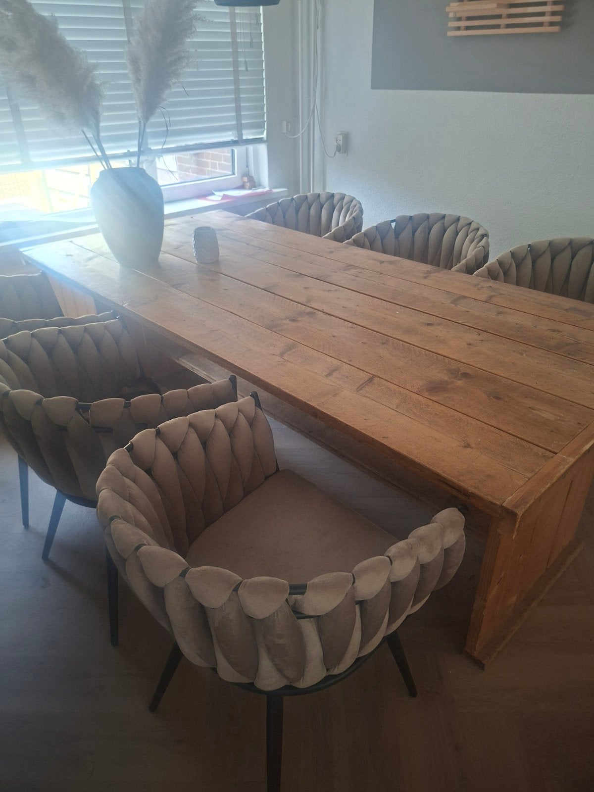 Robuuste houten eettafel – landelijke/industriële uitstralin, Gebruikt, 200 cm of meer, Vijf personen of meer, Rechthoekig