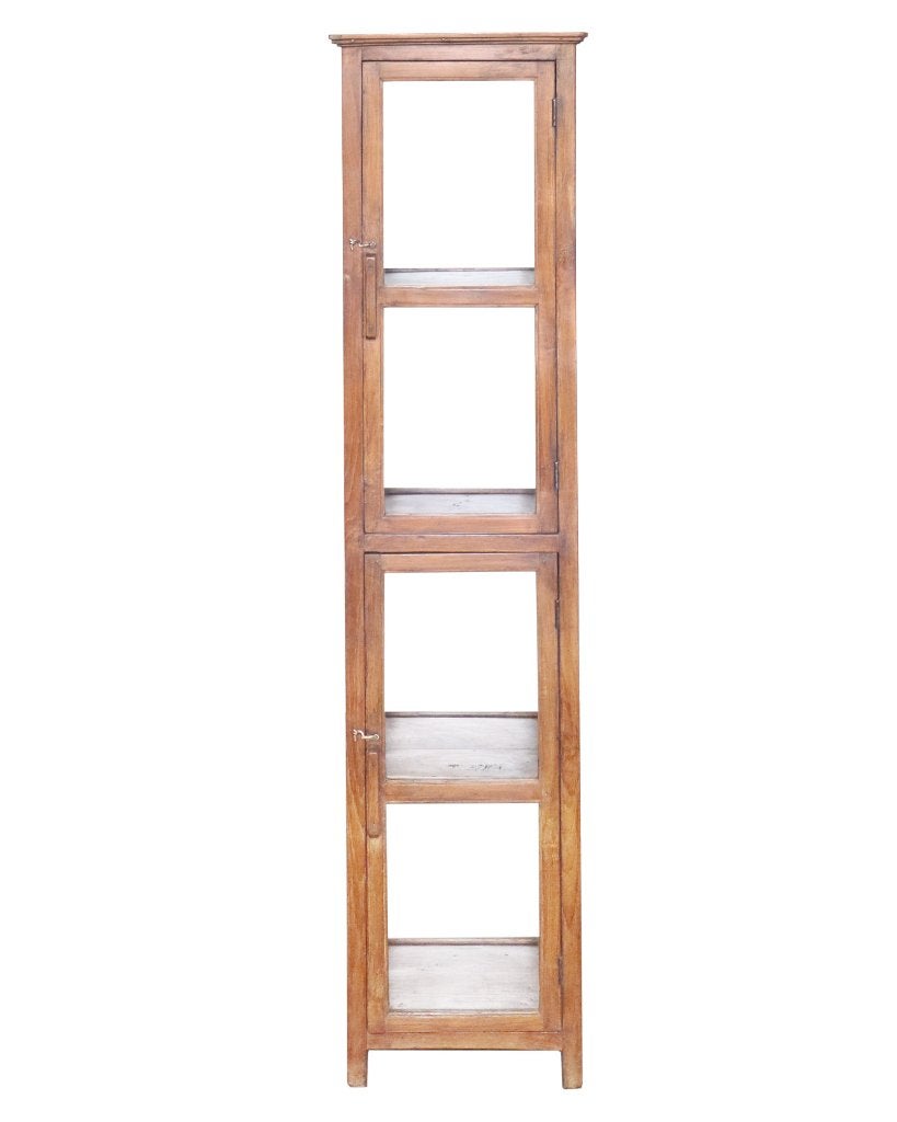 Antieke teakhouten slanke vitrinekast met glazen deuren, Ophalen of Verzenden, Gebruikt, Hout