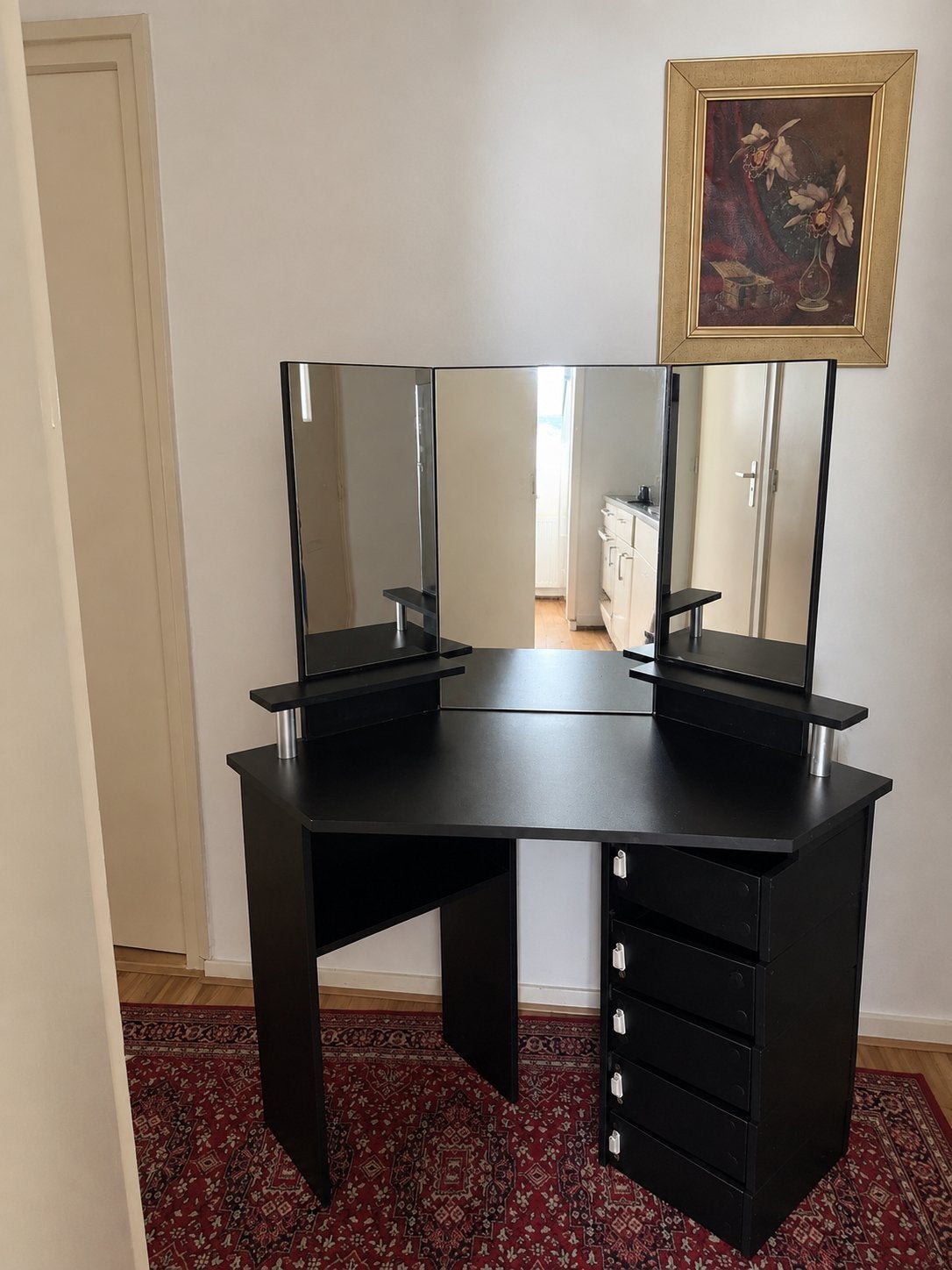 Zwarte make-uptafel met grote 3-delige spiegel, Huis en Inrichting, Ophalen, Gebruikt, 100 tot 150 cm, 150 tot 200 cm