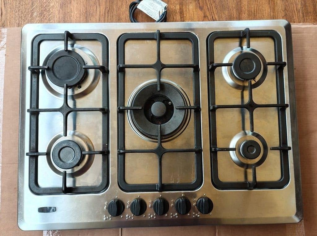 Gaskookplaat 5pits rvs (incl. wok), Witgoed en Apparatuur, Kookplaten, Ophalen, Gebruikt, Inbouw, Gas