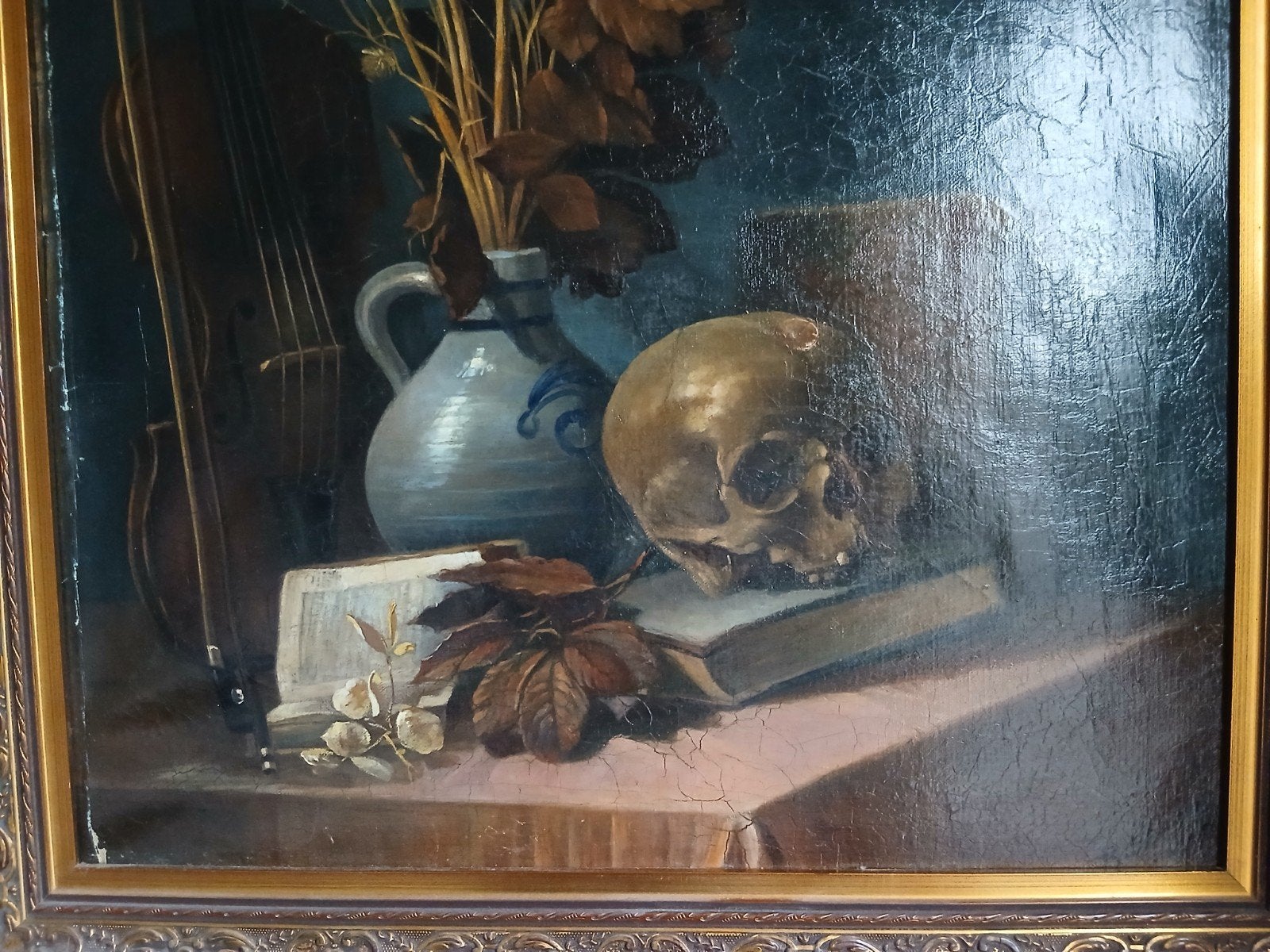 Oud stilleven met schedel, viool en bloemen, gesigneerd, Antiek en Kunst, Ophalen, Doek, Realistisch, Gedateerd