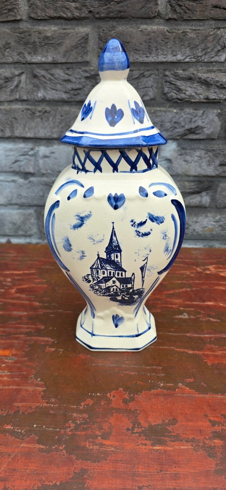 Delfts Blauw Gemberpot met Kerk en Bloemen, Antiek en Kunst, Ophalen of Verzenden