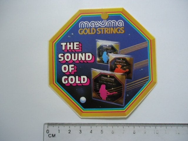 sticker oud MAXIMA GITAAR gold strings snaar retro band, Verzenden, Zo goed als nieuw, Bedrijf of Vereniging