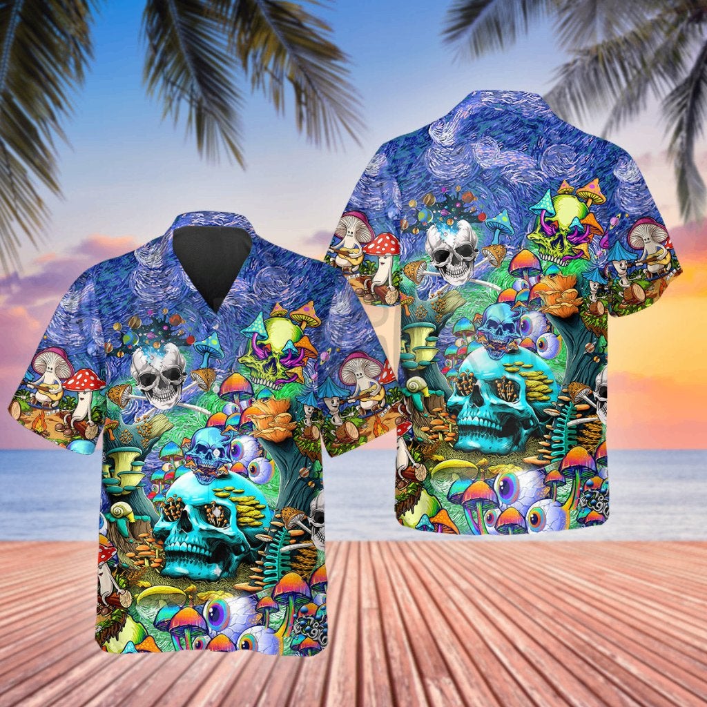 Doodskoppen en paddenstoelen hawaii overhemd (psychedelisch), Verzenden, Nieuw, Overige halswijdtes