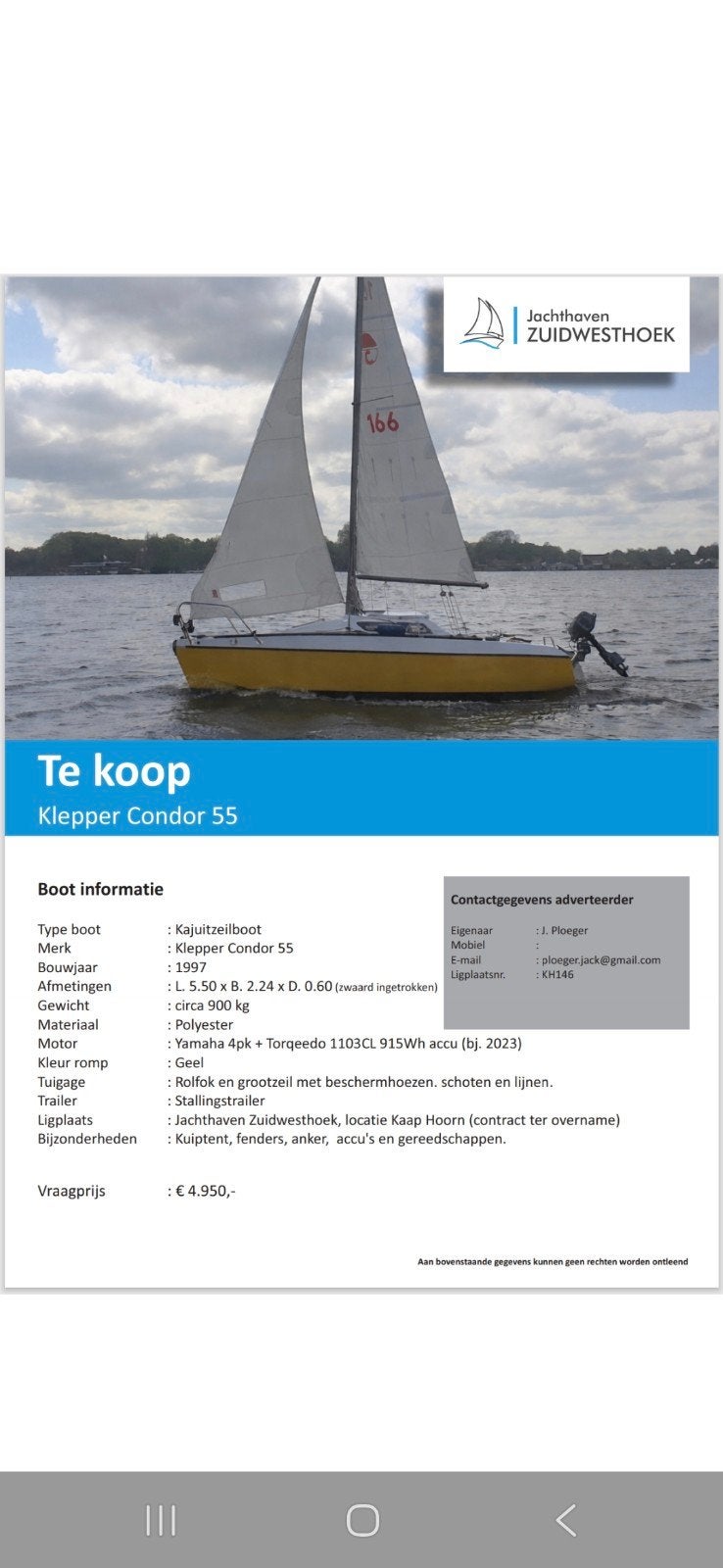Zeilboot, Klepper Condor 55, Ophalen, Gebruikt, Minder dan 15 m²