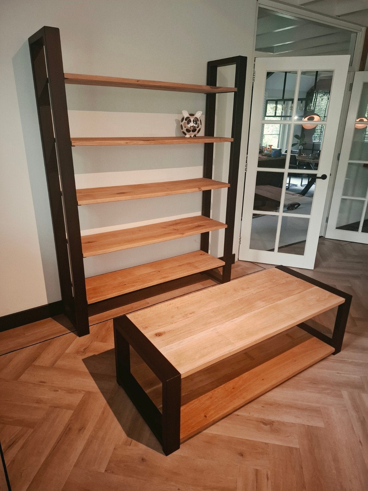 Industriële boekenkast & salontafel – massief eiken, Ophalen, 100 tot 150 cm, Nieuw, 50 tot 100 cm