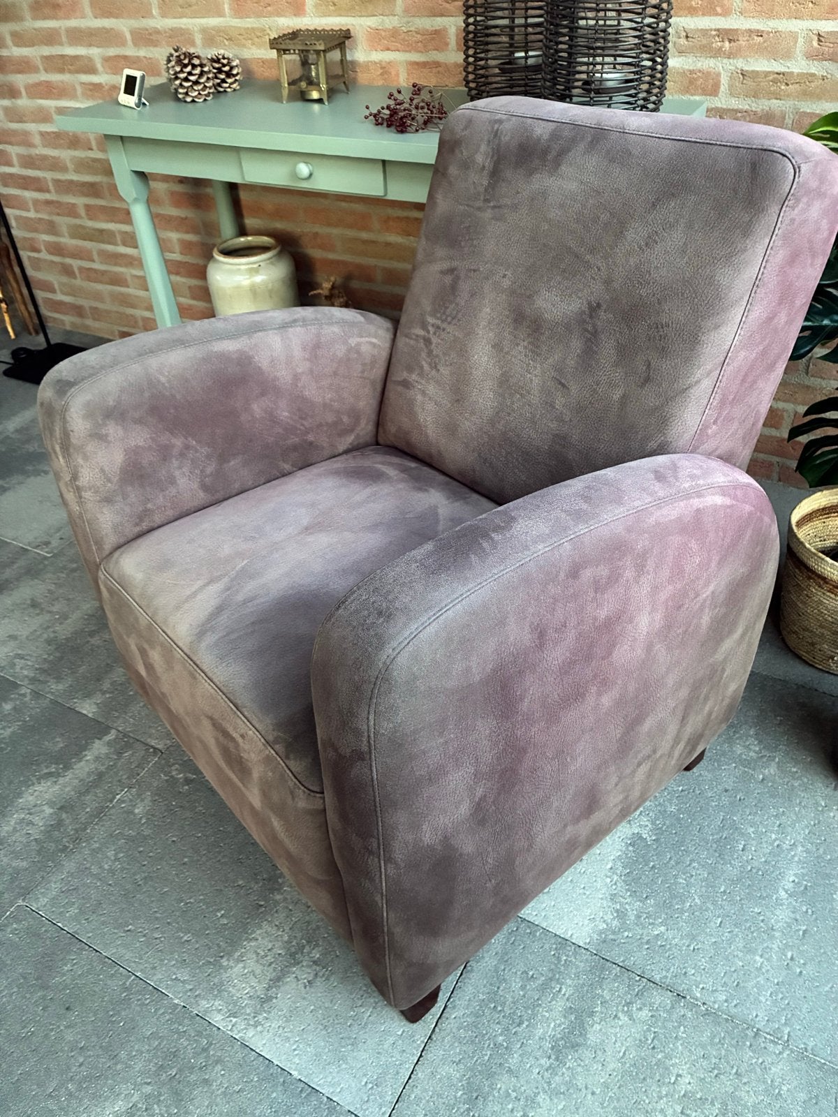 Comfortabele fauteuil - Bruin suède look, Ophalen of Verzenden, Gebruikt, Stof, 75 tot 100 cm