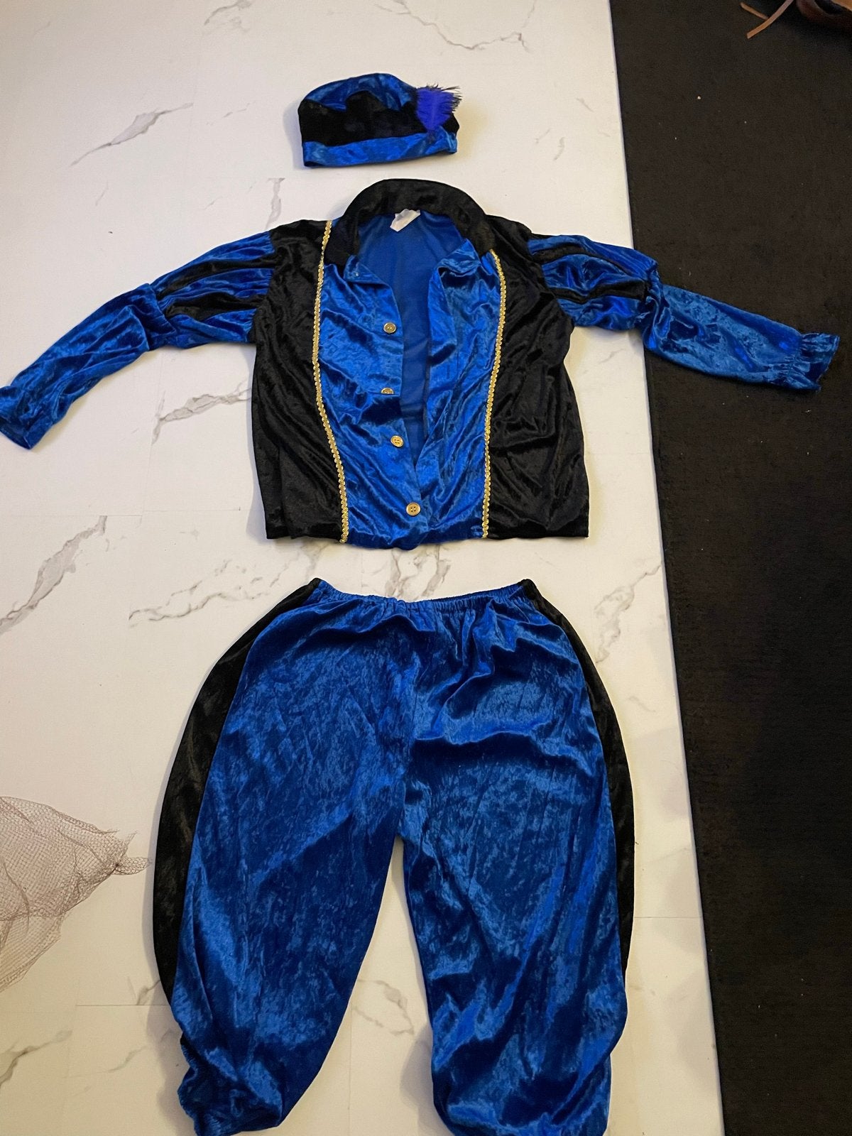 Pietenpak Blauw/Zwart Maat S, Ophalen of Verzenden, Gebruikt, 122 t/m 128, Jongen of Meisje