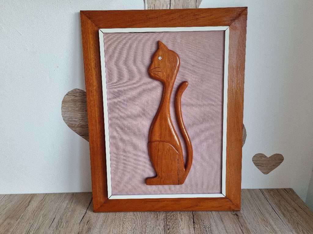 Prachtig Zeldzaam Vintage Kat Poes Schilderij Teakhout 50s, Gebruikt, Verzenden, Hout, Ingelijst