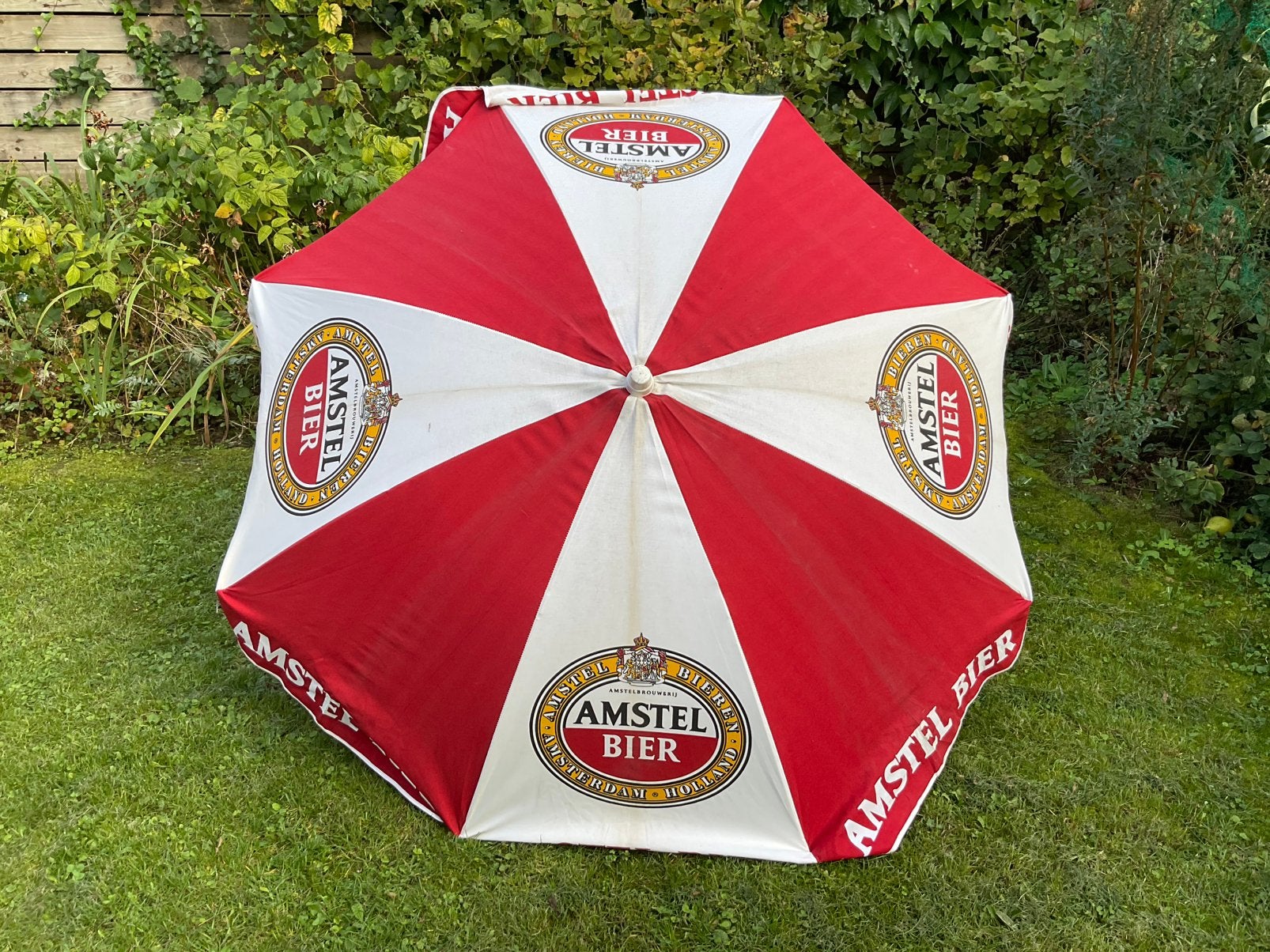 TWEE Vintage Amstel Bier parasol katoen prijs = voor 2 stuks, Ophalen of Verzenden, Zo goed als nieuw, Stokparasol, Kantelbaar