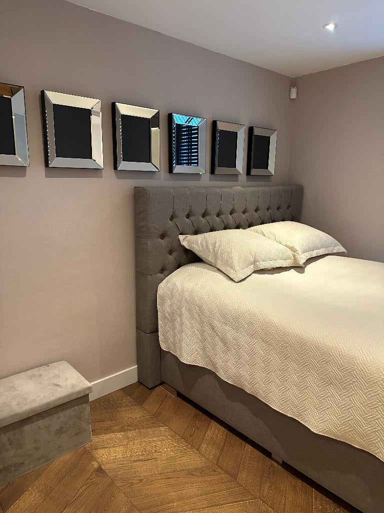 boxspring, Ophalen, Grijs, Tweepersoons, Zo goed als nieuw