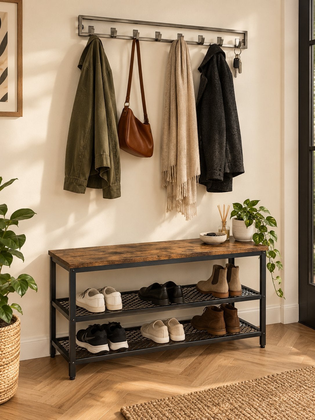 Industrieel schoenenrek + RVS kapstok – hout & metaal – €45, Huis en Inrichting, Wandkapstok, Ophalen of Verzenden, Zo goed als nieuw