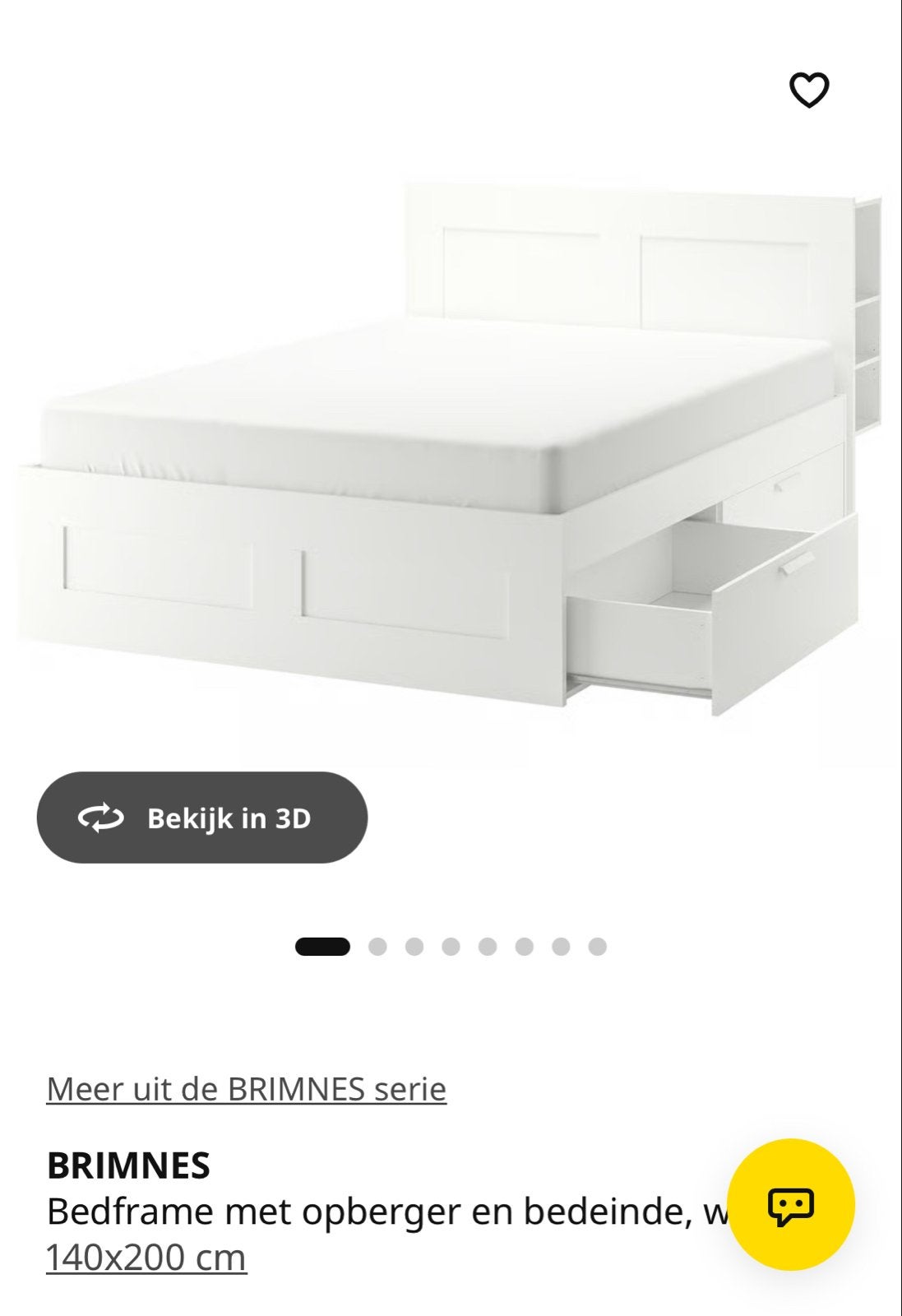 IKEA BRIMNES Bedframe met opberger en hoofdeinde 140x200 cm, Huis en Inrichting, Ophalen, Gebruikt, Wit, Tweepersoons